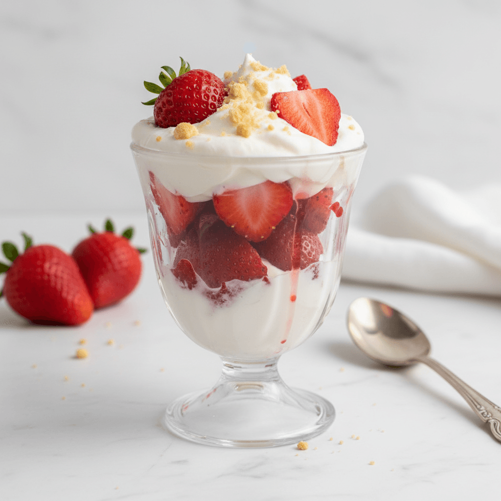 Strawberries and cream dessert cup with fresh berries and whipped cream in elegant glassware