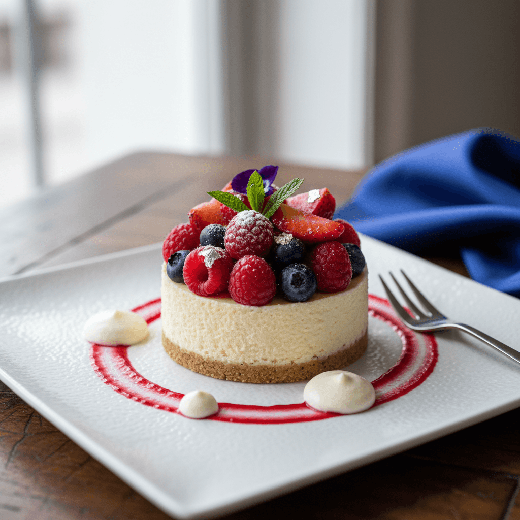 Luxurious mini cheesecake with berry topping in sophisticated plating style