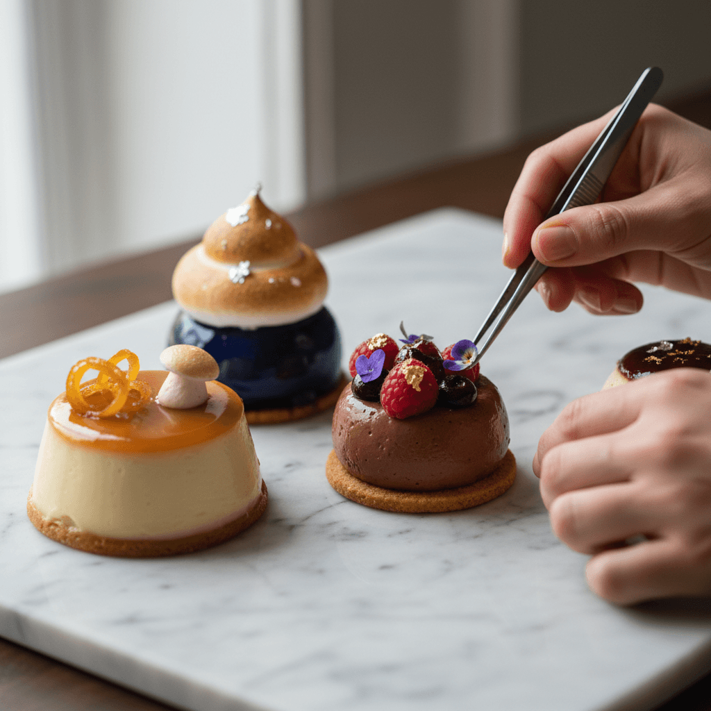 Elegant handcrafted mini desserts from Little Clouds arranged with sophisticated styling