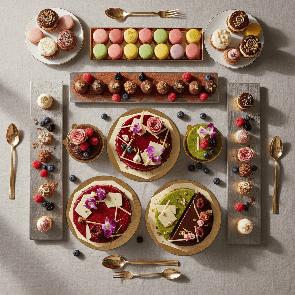 Elegant arrangement of handcrafted mini desserts with rose gold accents and soft studio lighting