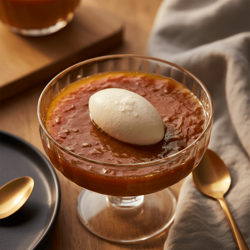 Mini flan dessert with caramel sauce in elegant plating