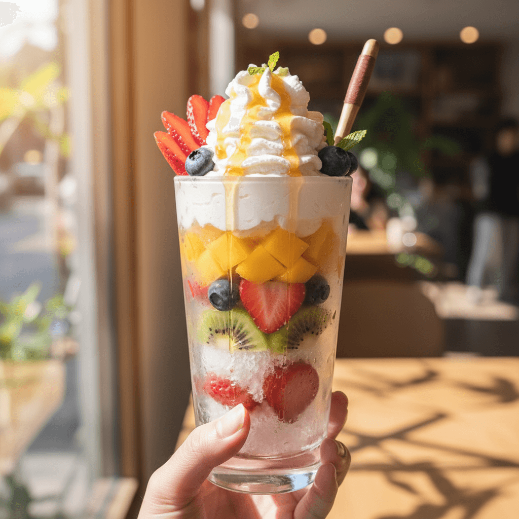 Strawberries and cream dessert in elegant glass cup with garnish